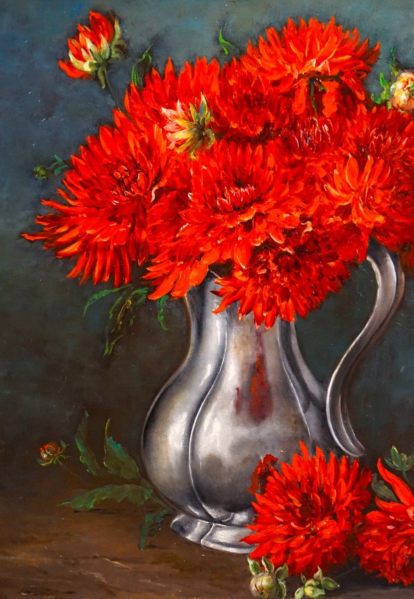 Colette Privat (1935) / Still Life With Red Flowers / Oil On Canvas-photo-2