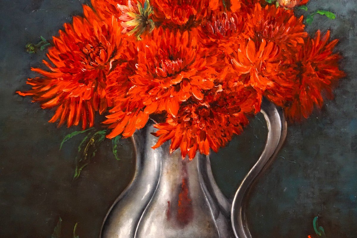Colette Privat (1935) / Still Life With Red Flowers / Oil On Canvas-photo-1