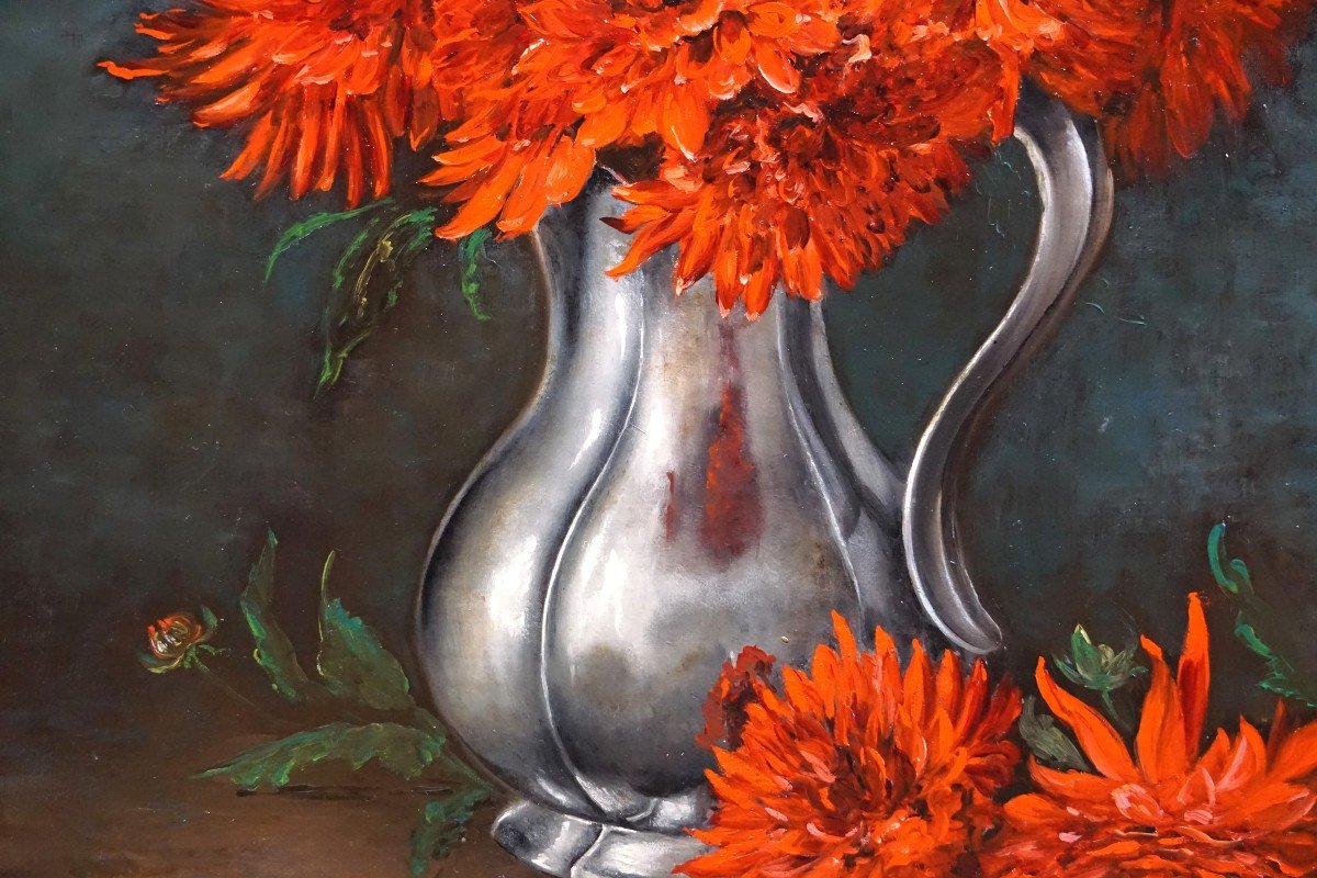 Colette Privat (1935) / Still Life With Red Flowers / Oil On Canvas-photo-2