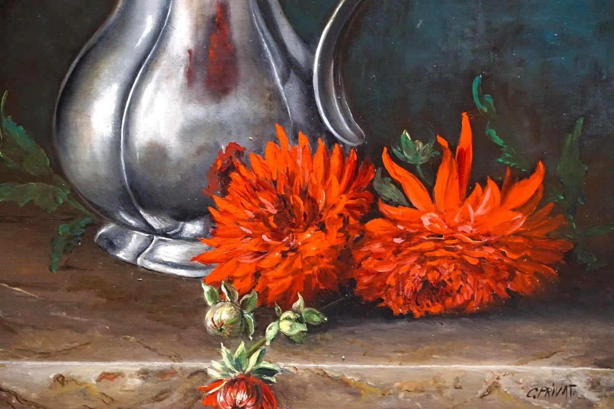 Colette Privat (1935) / Still Life With Red Flowers / Oil On Canvas-photo-3