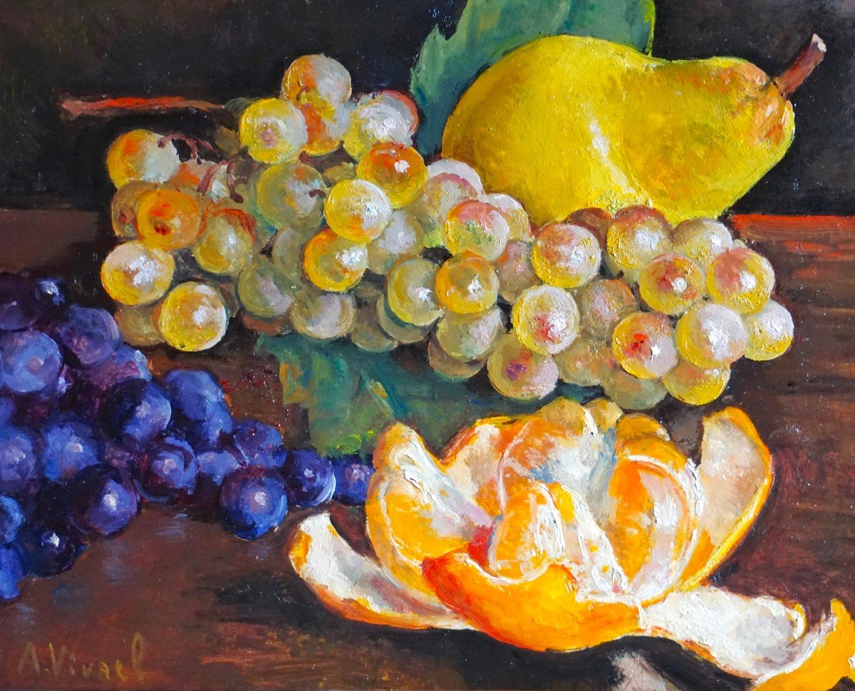 André-léon Vivrel (1886-1976) / Still Life With Autumn Fruits / Oil On Canvas Cardboard -photo-2