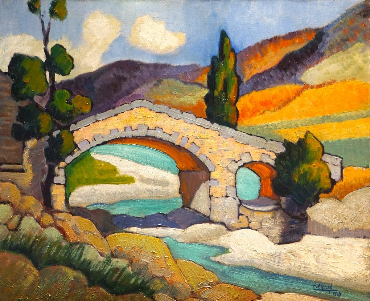 DRÔME PROVENÇALE / PROVENCE / MONTBRUN-LES-BAINS / 1949 / COLBERT CASSAN / huile sur toile