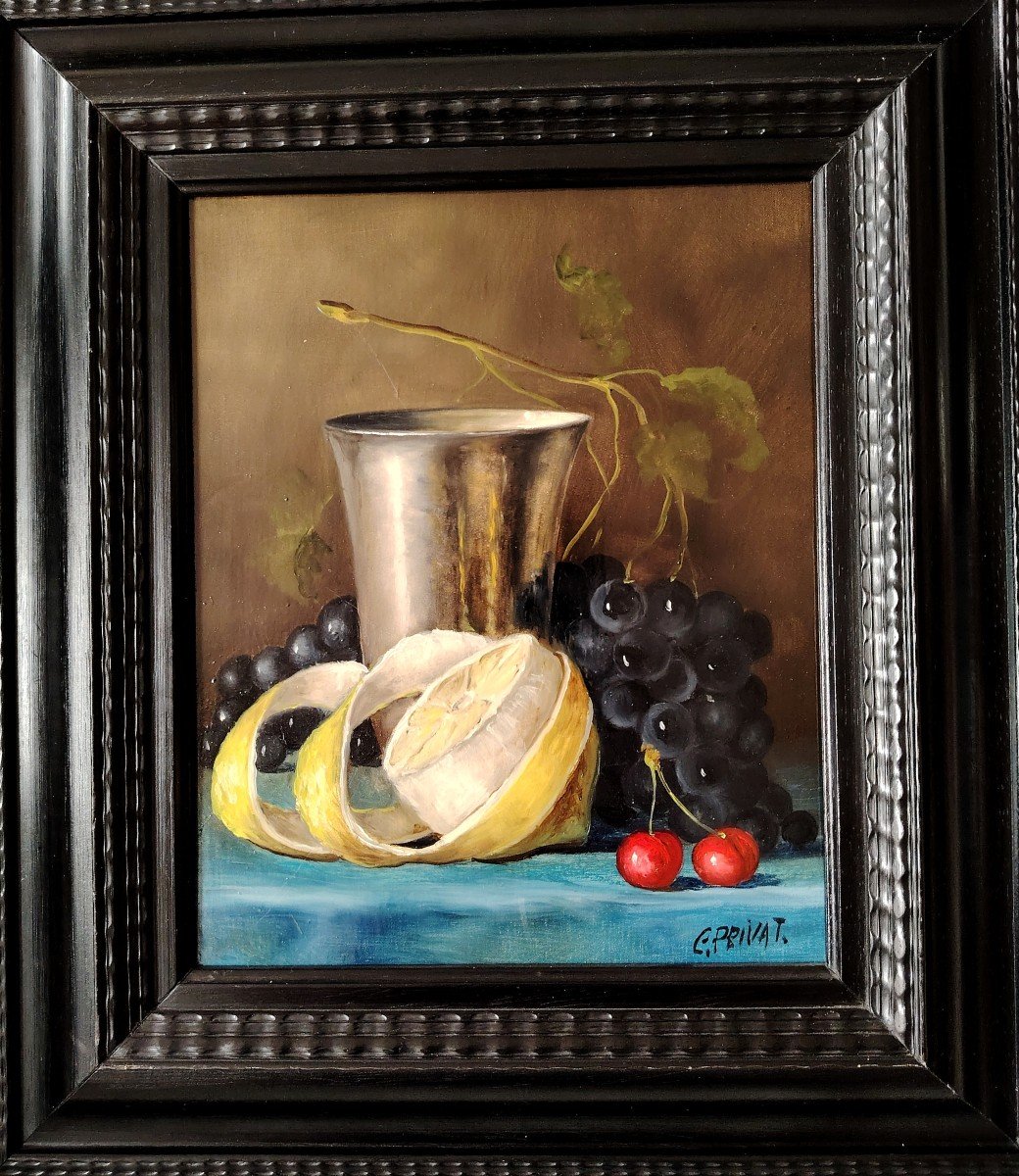 COLETTE PRIVAT (1935) / NATURE MORTE À LA TIMBALE EN ARGENT / huile sur toile -photo-1