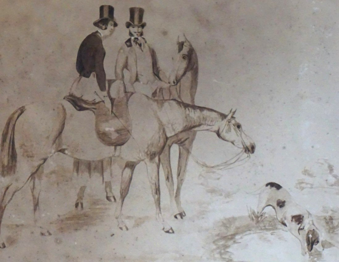 Elegants On Horse / French School Circa 1830 / Drawing 