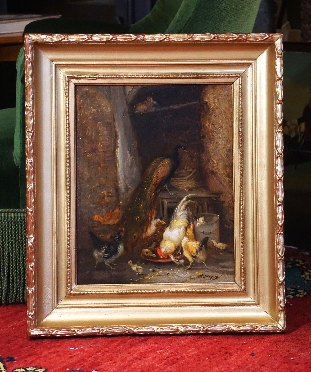 CHARLES-ÉMILE JACQUE (1813-1894) / ÉCOLE DE BARBIZON / BASSE COUR / huile sur panneau-photo-3
