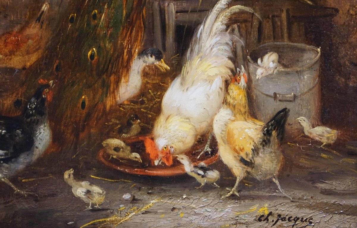 CHARLES-ÉMILE JACQUE (1813-1894) / ÉCOLE DE BARBIZON / BASSE COUR / huile sur panneau-photo-2