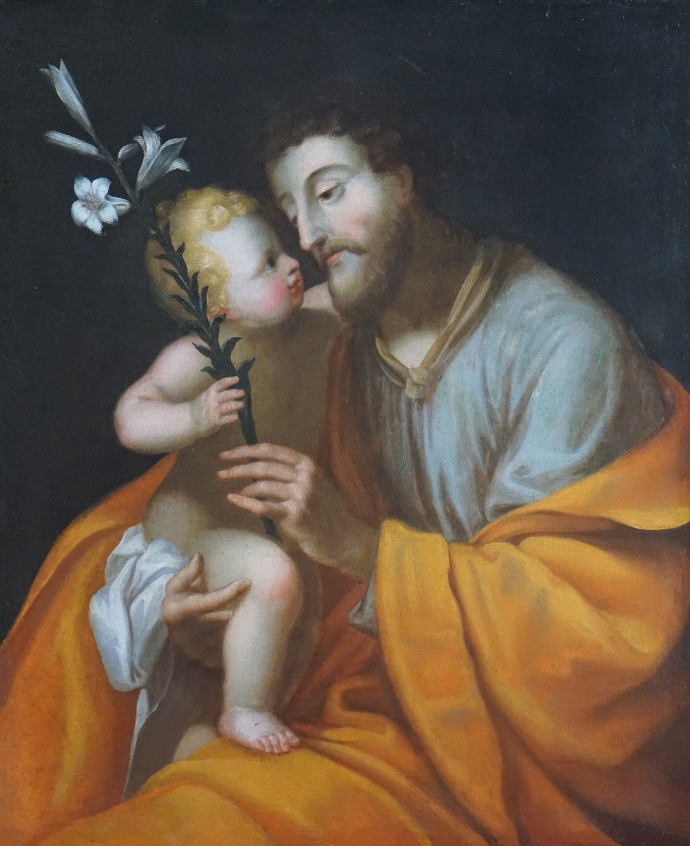 Saint Joseph And The Child Jesus / 18th Century / Oil On Canvas-photo-2