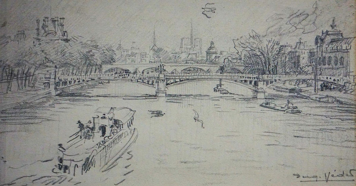 Paris La Seine / Circa 1910 / Old Solferino Bridge (now Gone) / E.veder (1876-1936)