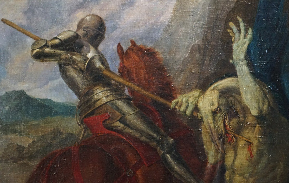 SAINT GEORGES TERRASSANT LE DRAGON / fin XIX ème siècle / huile sur toile-photo-4