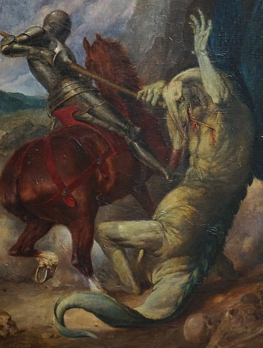 SAINT GEORGES TERRASSANT LE DRAGON / fin XIX ème siècle / huile sur toile-photo-6