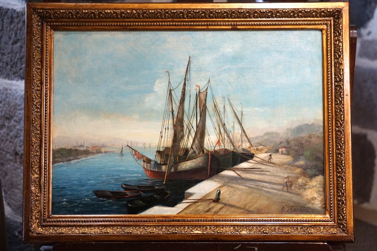 SCÈNE PORTUAIRE ANIMÉE / XIXe SIÈCLE / ÉCOLE FRANÇAISE / G. MARKUSE / huile sur toile-photo-4