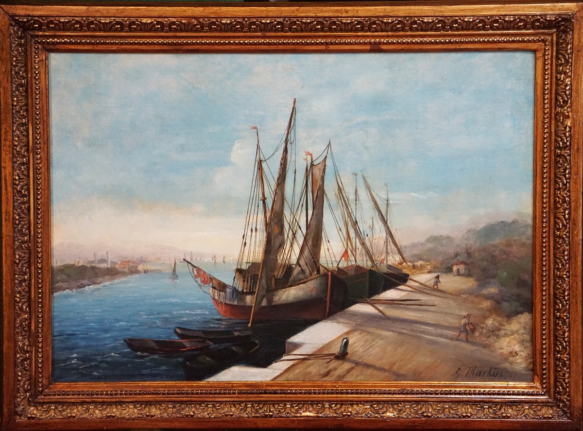 SCÈNE PORTUAIRE ANIMÉE / XIXe SIÈCLE / ÉCOLE FRANÇAISE / G. MARKUSE / huile sur toile