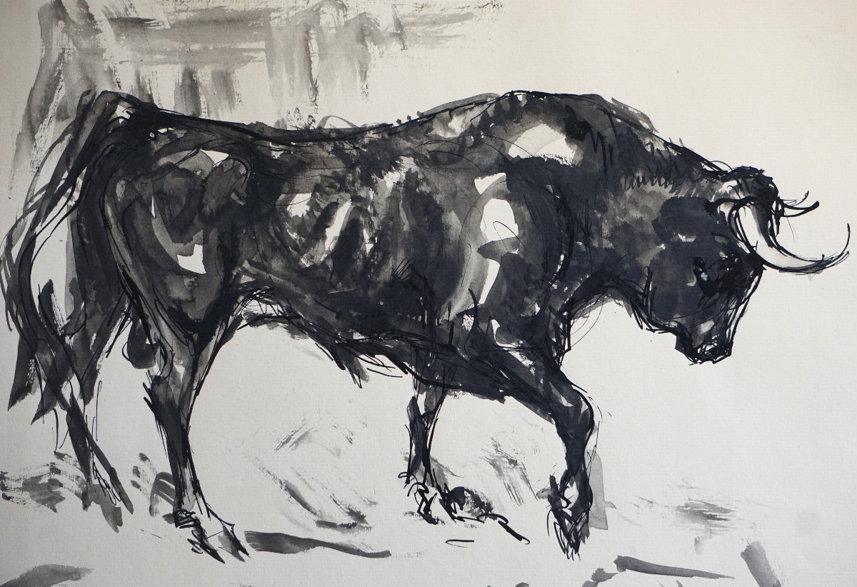 Bull With Raised Leg / José Luis Rey Vila (1910-1983) / Ink And Wash On Pape-photo-3
