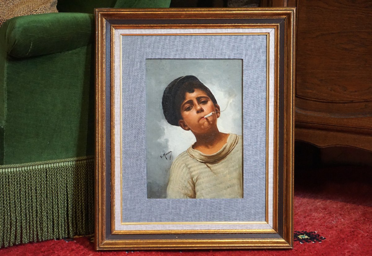 JEUNE GARÇON À LA CIGARETTE – RÉALISME NAPOLITAIN / début XXe siècle / huile sur toile-photo-3