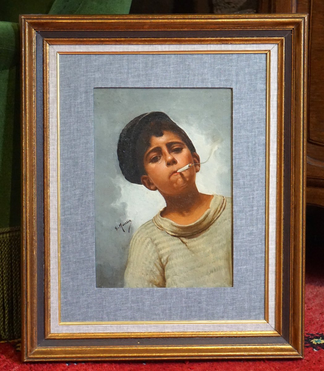 JEUNE GARÇON À LA CIGARETTE – RÉALISME NAPOLITAIN / début XXe siècle / huile sur toile-photo-4