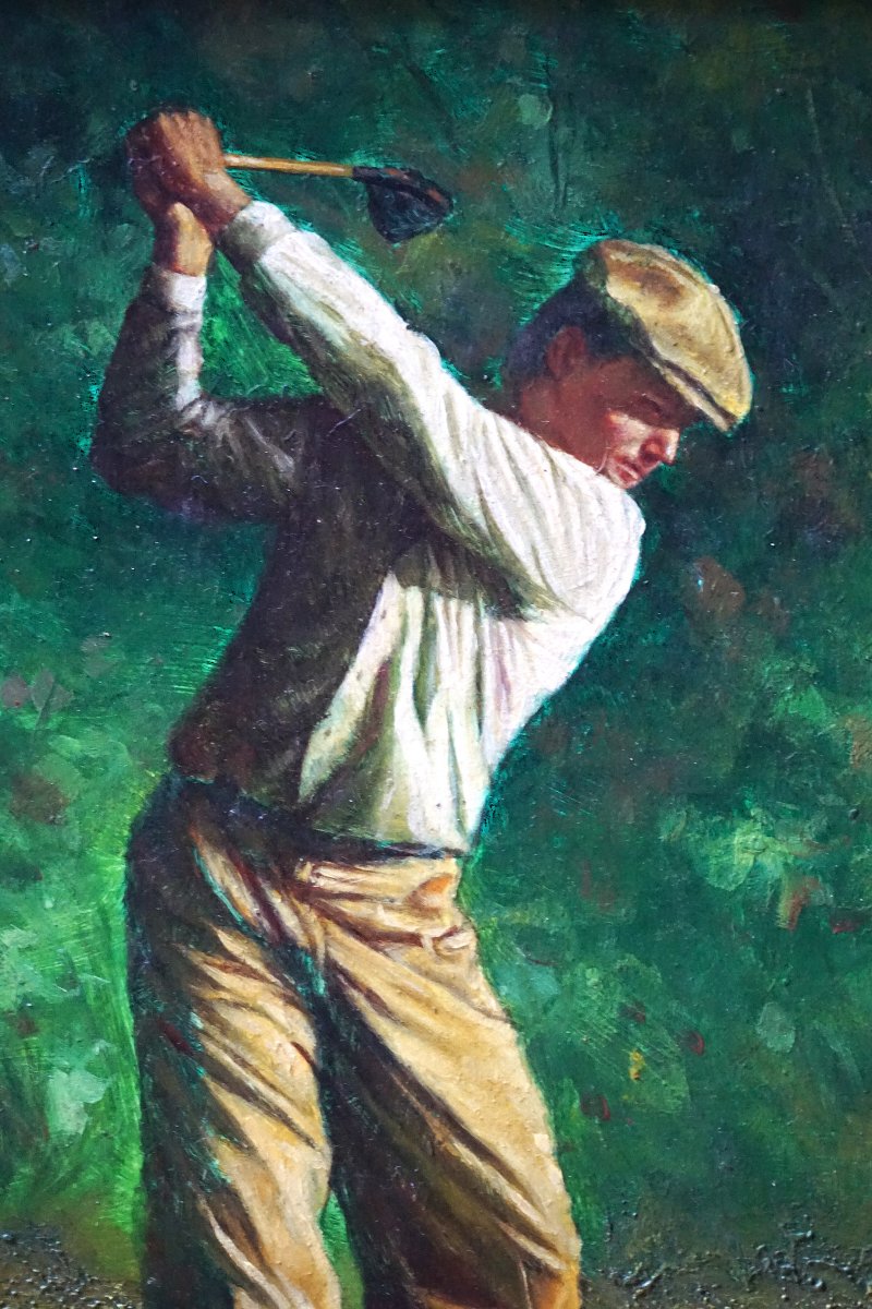 English School / Golfer / Oil On Panel / Mid-20th Century-photo-3