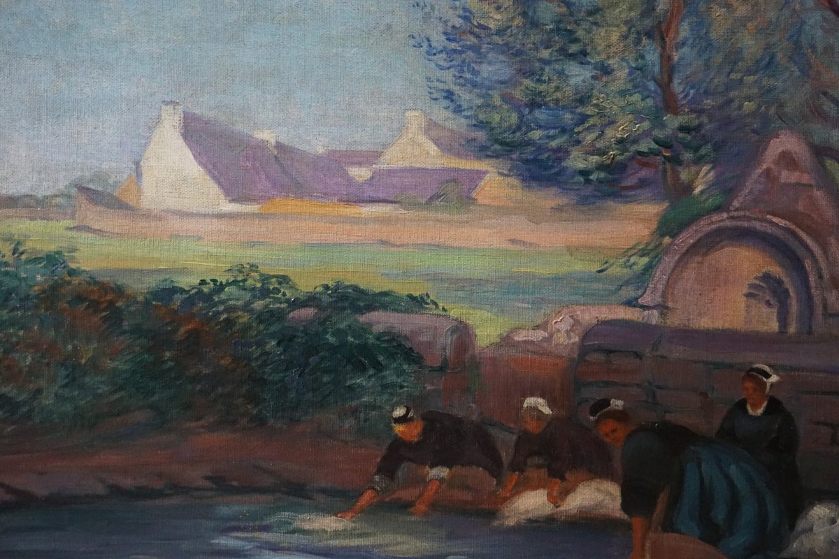 Washerwomen In Möelan / Finistère / Dated 1926 / Jeanne Rosenfeld / Oil On Canvas / Brittany-photo-2