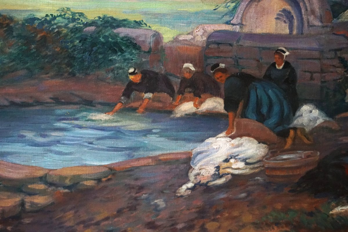 Washerwomen In Möelan / Finistère / Dated 1926 / Jeanne Rosenfeld / Oil On Canvas / Brittany-photo-3