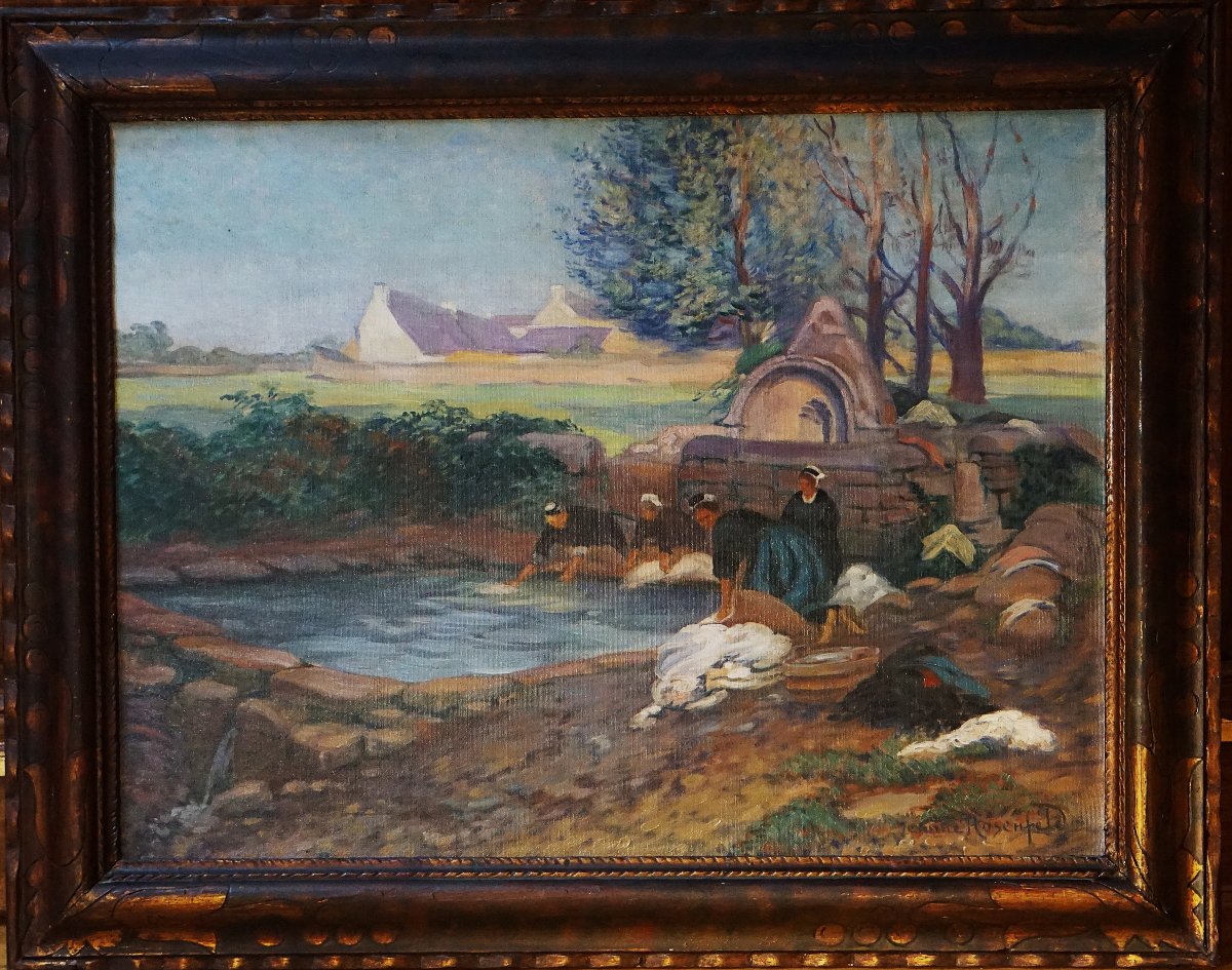 Washerwomen In Möelan / Finistère / Dated 1926 / Jeanne Rosenfeld / Oil On Canvas / Brittany-photo-1
