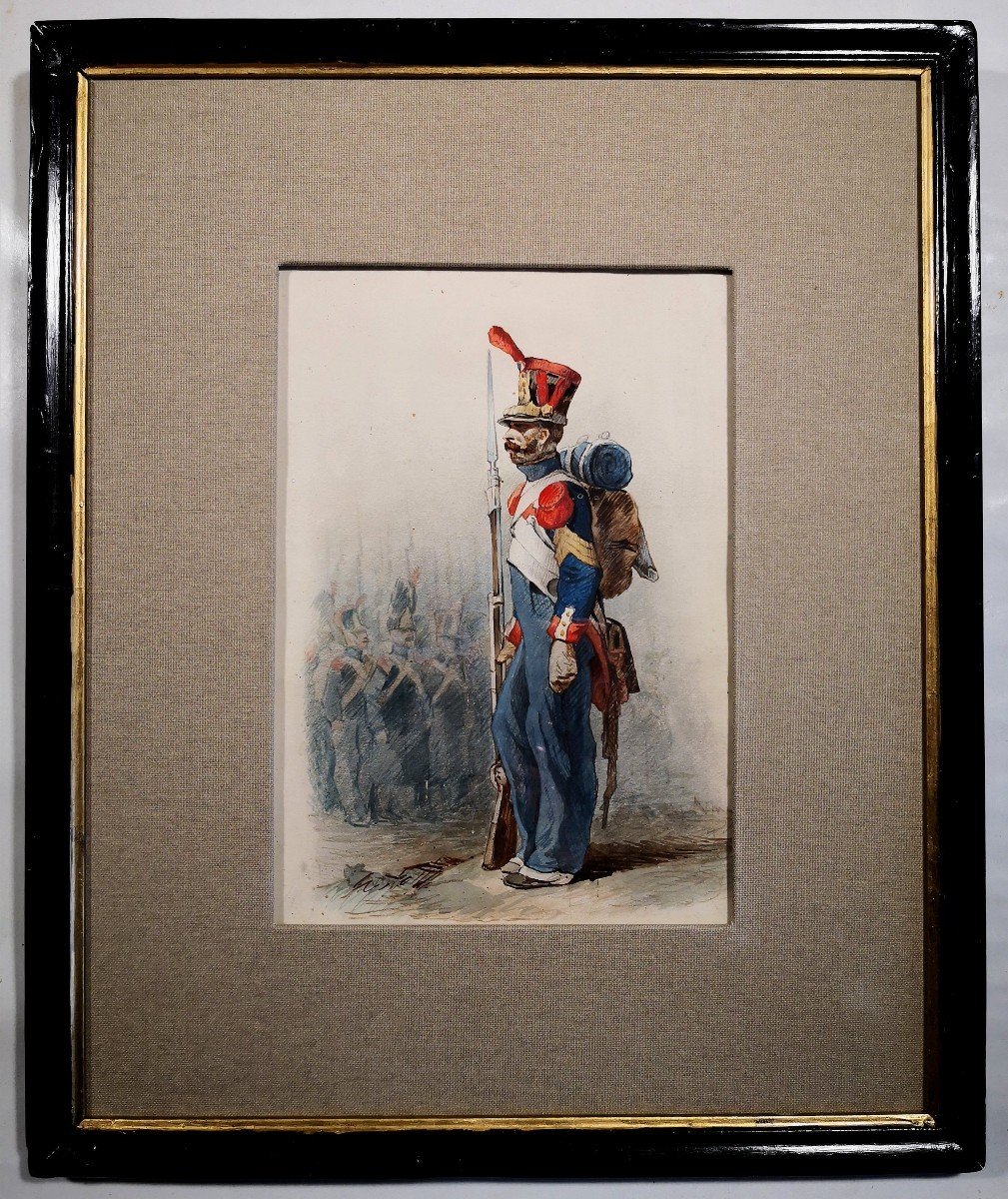 DEUX AQUARELLES XIX ème siècle  / MILITARIA / ÉCOLE FRANÇAISE / SOUVENIR NAPOLÉONIEN -photo-2