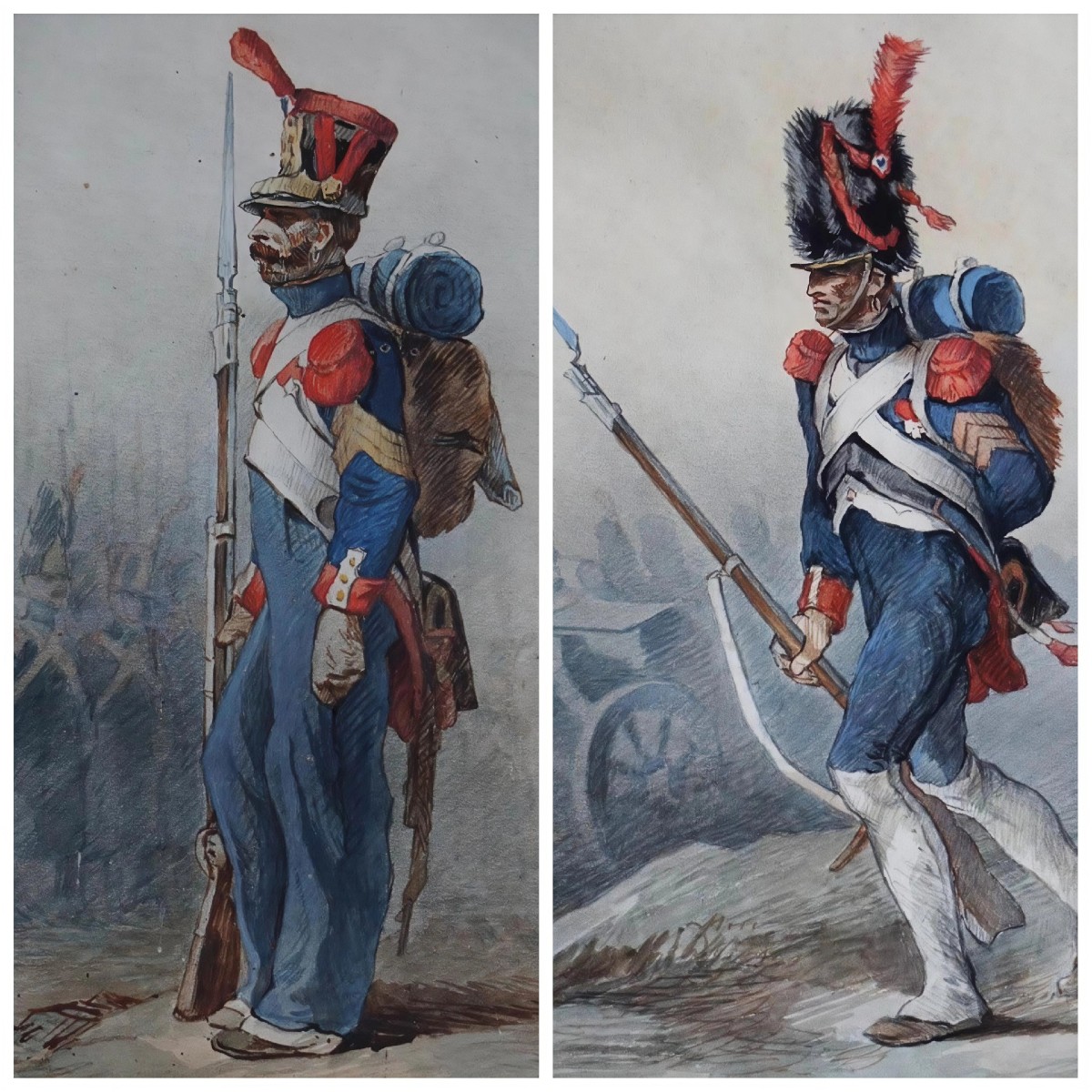 DEUX AQUARELLES XIX ème siècle  / MILITARIA / ÉCOLE FRANÇAISE / SOUVENIR NAPOLÉONIEN 