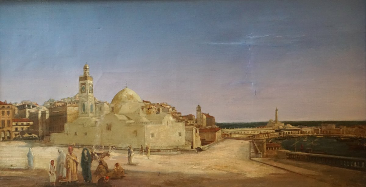 VUE D' ALGER VERS 1833-1845 / ÉCOLE ORIENTALISTE / GRANDE MOSQUÉE DJAMAA / huile sur toile-photo-2