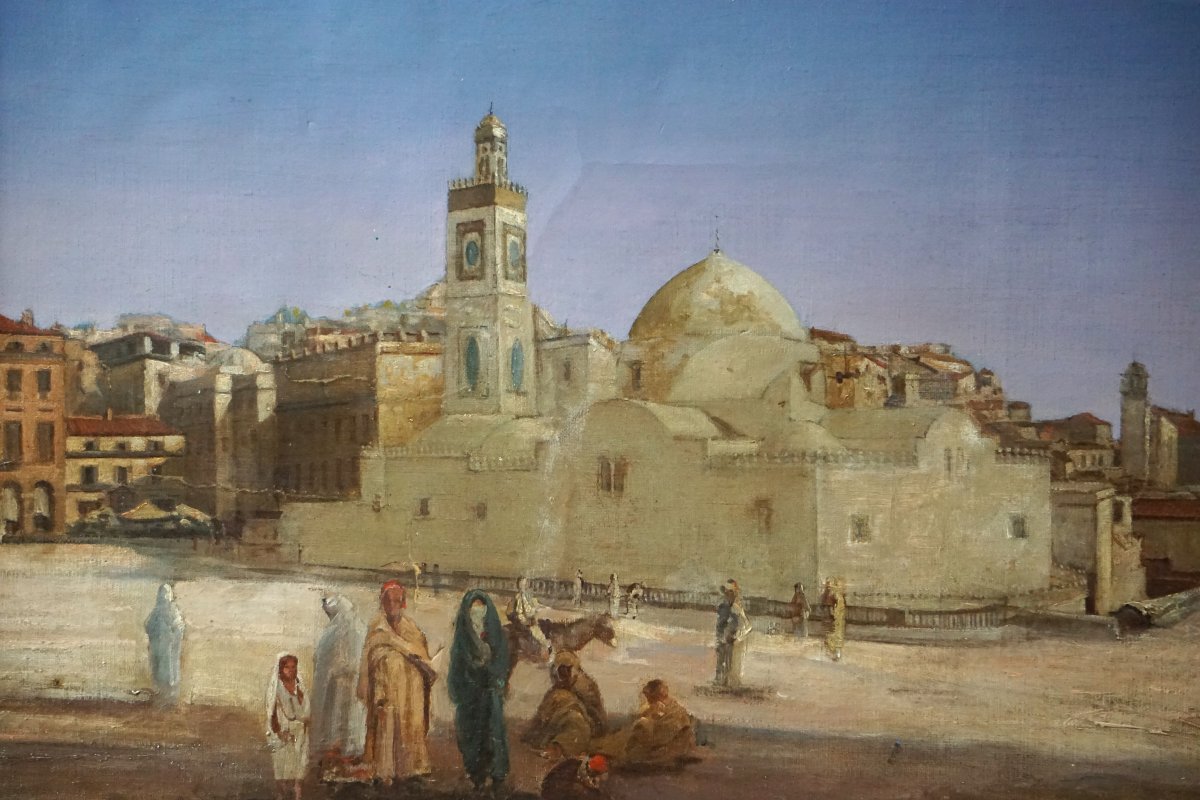 VUE D' ALGER VERS 1833-1845 / ÉCOLE ORIENTALISTE / GRANDE MOSQUÉE DJAMAA / huile sur toile-photo-3