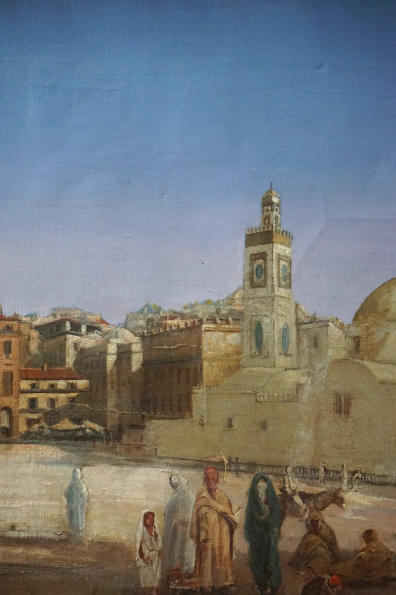 VUE D' ALGER VERS 1833-1845 / ÉCOLE ORIENTALISTE / GRANDE MOSQUÉE DJAMAA / huile sur toile-photo-4