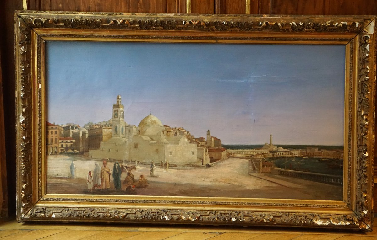 VUE D' ALGER VERS 1833-1845 / ÉCOLE ORIENTALISTE / GRANDE MOSQUÉE DJAMAA / huile sur toile-photo-8