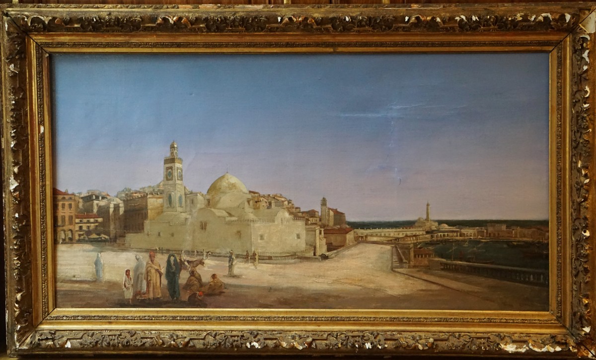 VUE D' ALGER VERS 1833-1845 / ÉCOLE ORIENTALISTE / GRANDE MOSQUÉE DJAMAA / huile sur toile