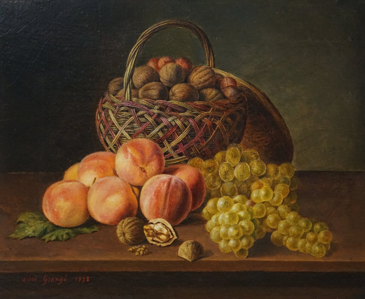 Autumn Still Life With Peaches, Grapes And Nuts / Dated 1878 / André Grangé / Oil On Canvas-photo-2