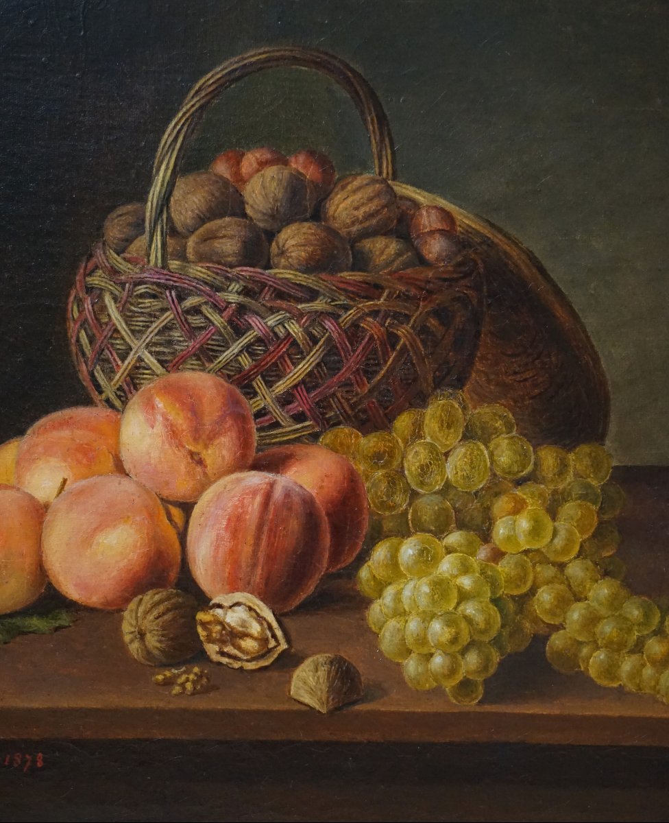 Autumn Still Life With Peaches, Grapes And Nuts / Dated 1878 / André Grangé / Oil On Canvas-photo-4
