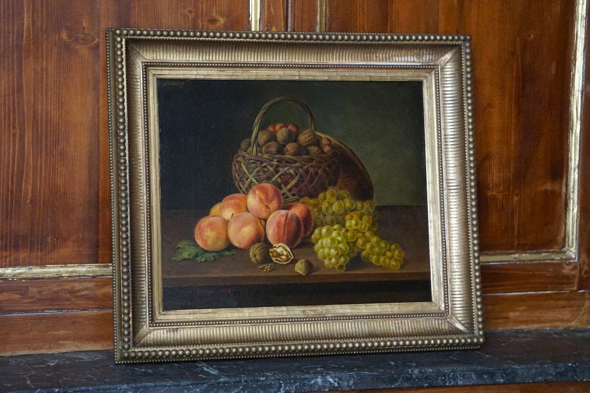 Autumn Still Life With Peaches, Grapes And Nuts / Dated 1878 / André Grangé / Oil On Canvas-photo-5