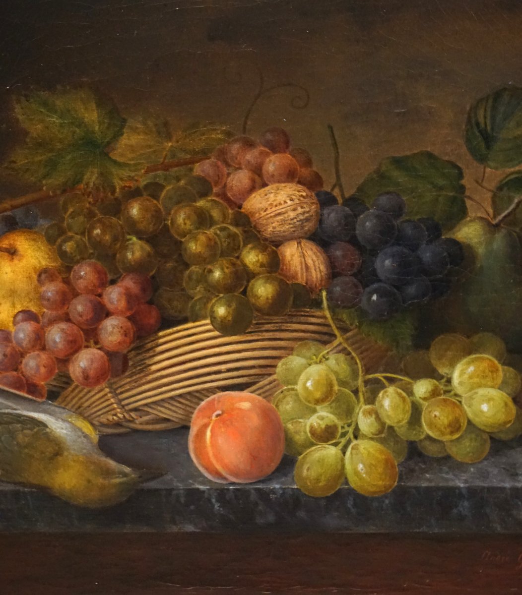 Dated 1862 / Autumn Vanitas With A Basket Of Fruit And A European Greenfinch / Hst-photo-2