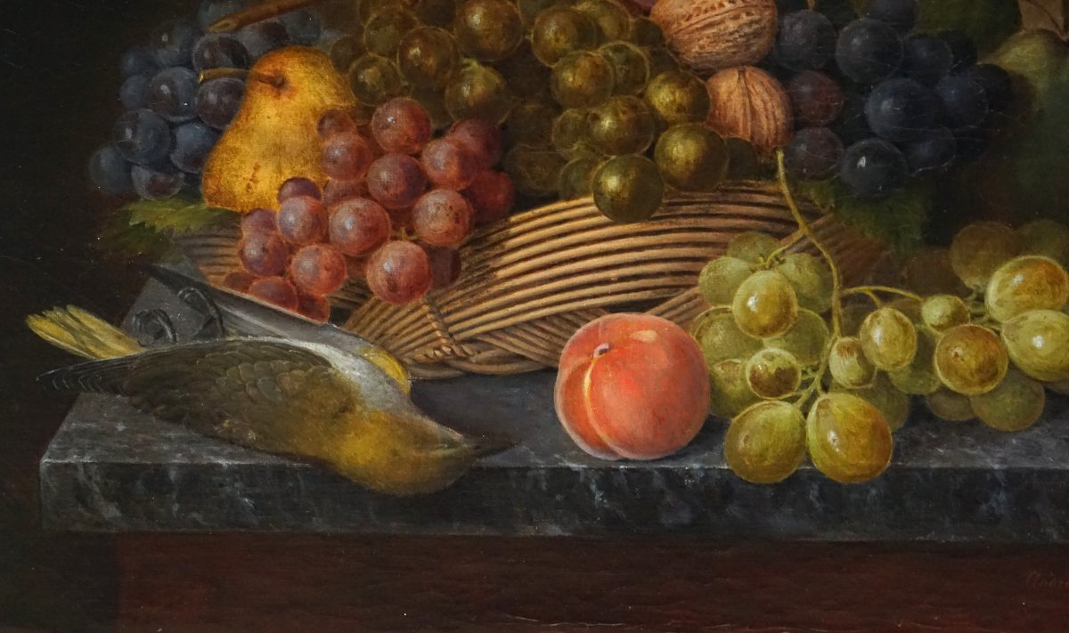 Dated 1862 / Autumn Vanitas With A Basket Of Fruit And A European Greenfinch / Hst-photo-3