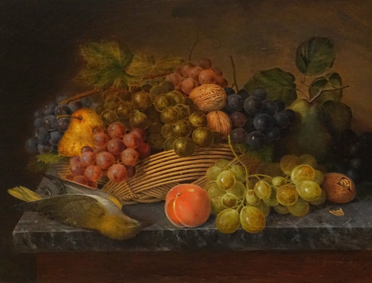 Dated 1862 / Autumn Vanitas With A Basket Of Fruit And A European Greenfinch / Hst-photo-4