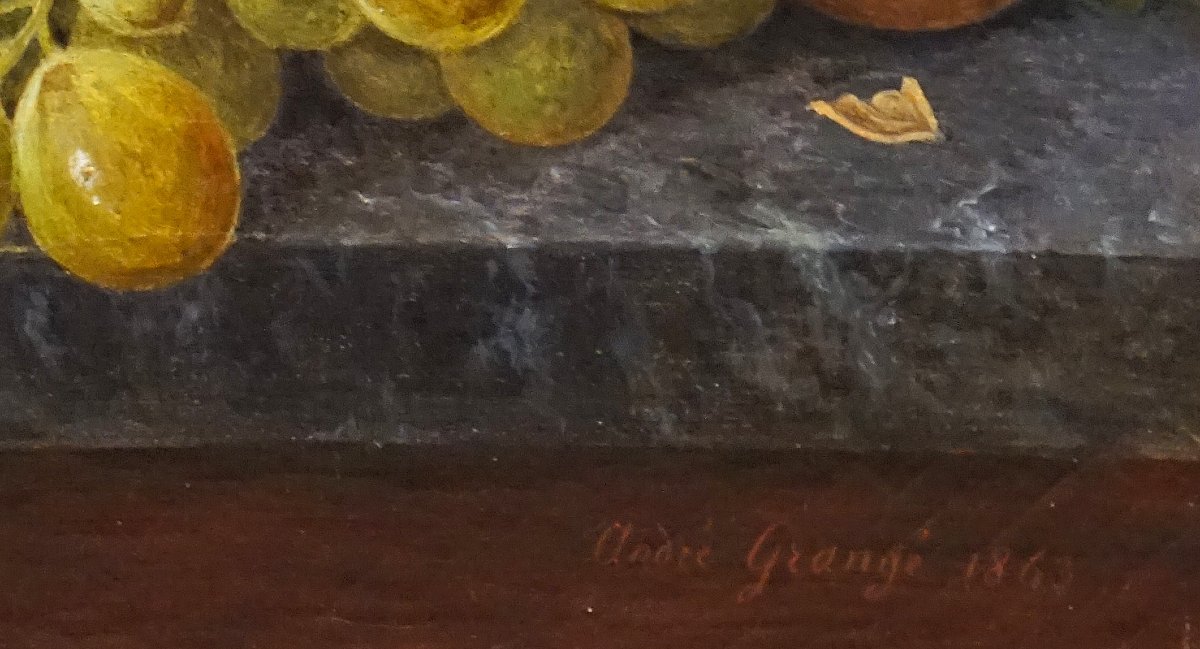 Dated 1862 / Autumn Vanitas With A Basket Of Fruit And A European Greenfinch / Hst-photo-2