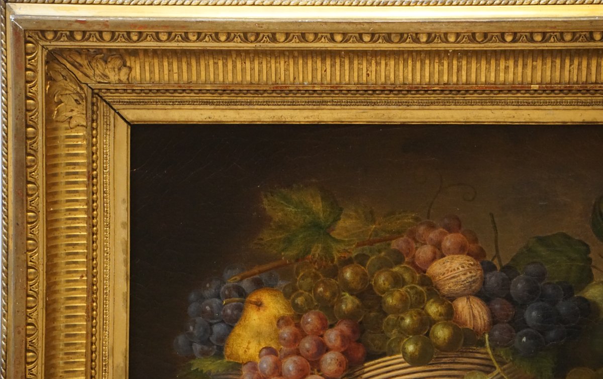 Dated 1862 / Autumn Vanitas With A Basket Of Fruit And A European Greenfinch / Hst-photo-4