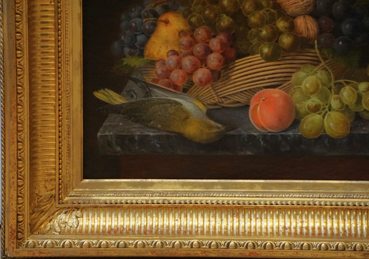Dated 1862 / Autumn Vanitas With A Basket Of Fruit And A European Greenfinch / Hst-photo-6