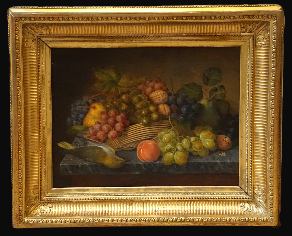 Dated 1862 / Autumn Vanitas With A Basket Of Fruit And A European Greenfinch / Hst