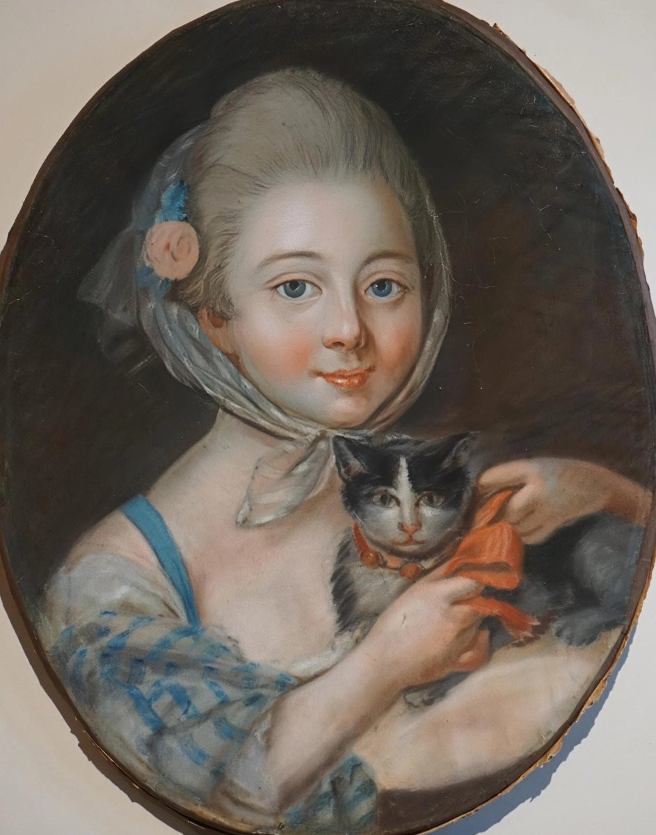 Circa 1750 / JEUNE FILLE AU CHAT – PASTEL DU XVIIIᵉ SIÈCLE-photo-3
