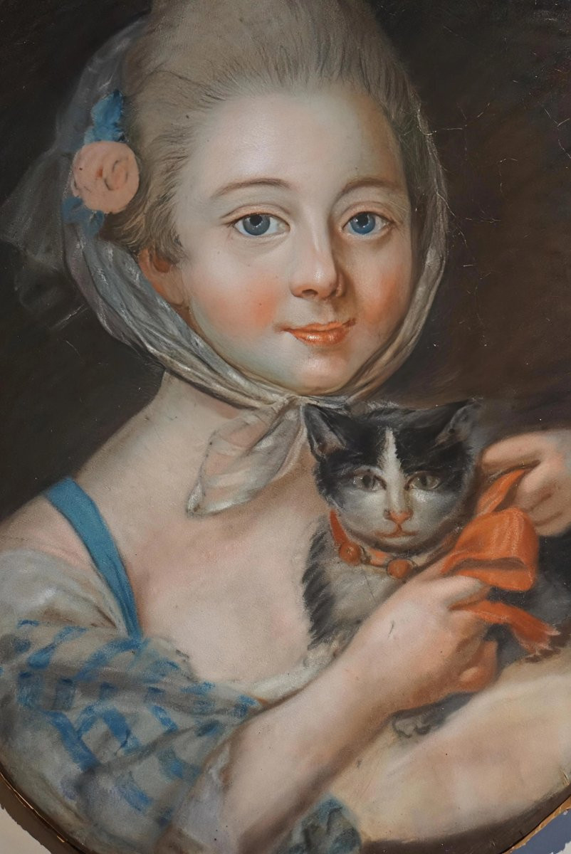 Circa 1750 / JEUNE FILLE AU CHAT – PASTEL DU XVIIIᵉ SIÈCLE-photo-4