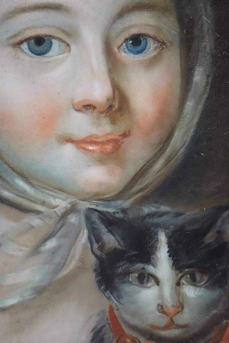 Circa 1750 / JEUNE FILLE AU CHAT – PASTEL DU XVIIIᵉ SIÈCLE-photo-1