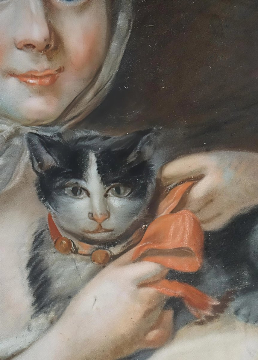 Circa 1750 / JEUNE FILLE AU CHAT – PASTEL DU XVIIIᵉ SIÈCLE-photo-3