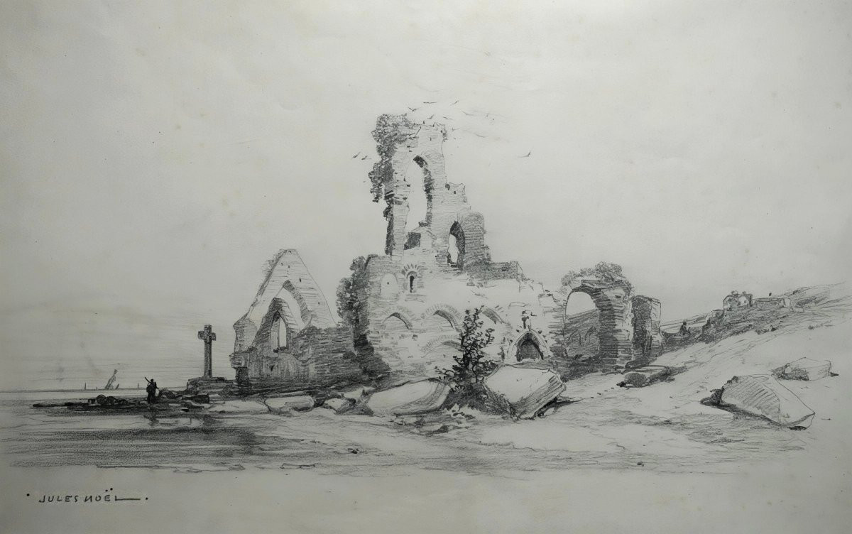 Jules Noël (1810-1881) / Seaside At The Old Church / Drawing-photo-2