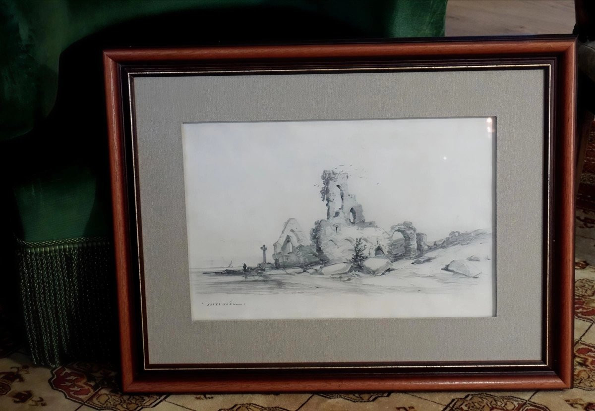 Jules Noël (1810-1881) / Seaside At The Old Church / Drawing-photo-4