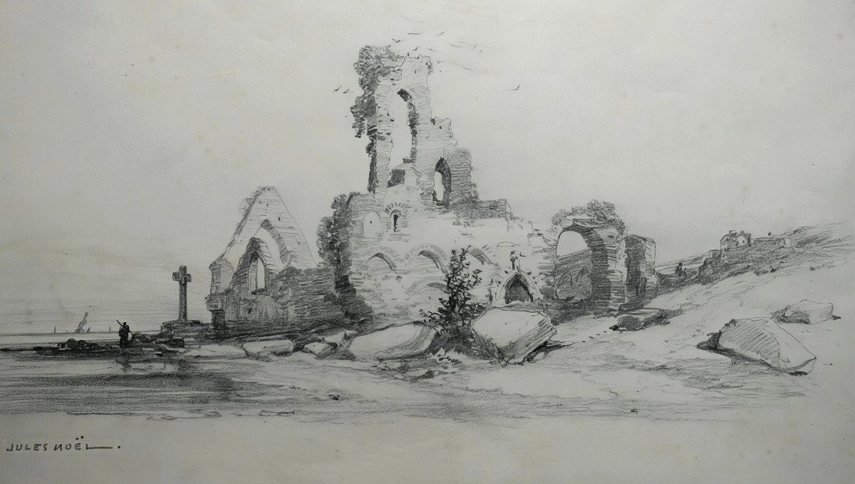Jules Noël (1810-1881) / Seaside At The Old Church / Drawing