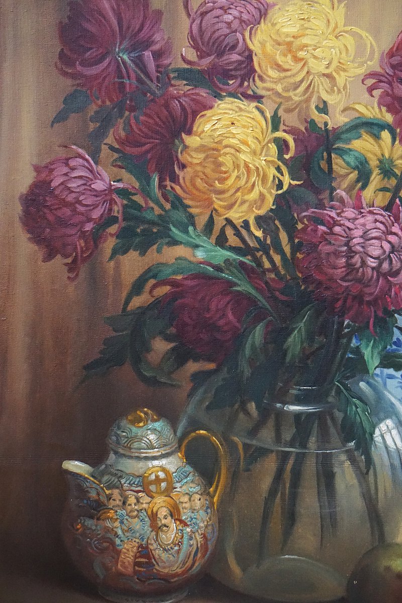 GÉRARD BAKKER (1879-1967) / BOUQUET DE CHRYSANTHÈMES et OBJETS DEVORATIFS / DATÉE 1943-photo-2