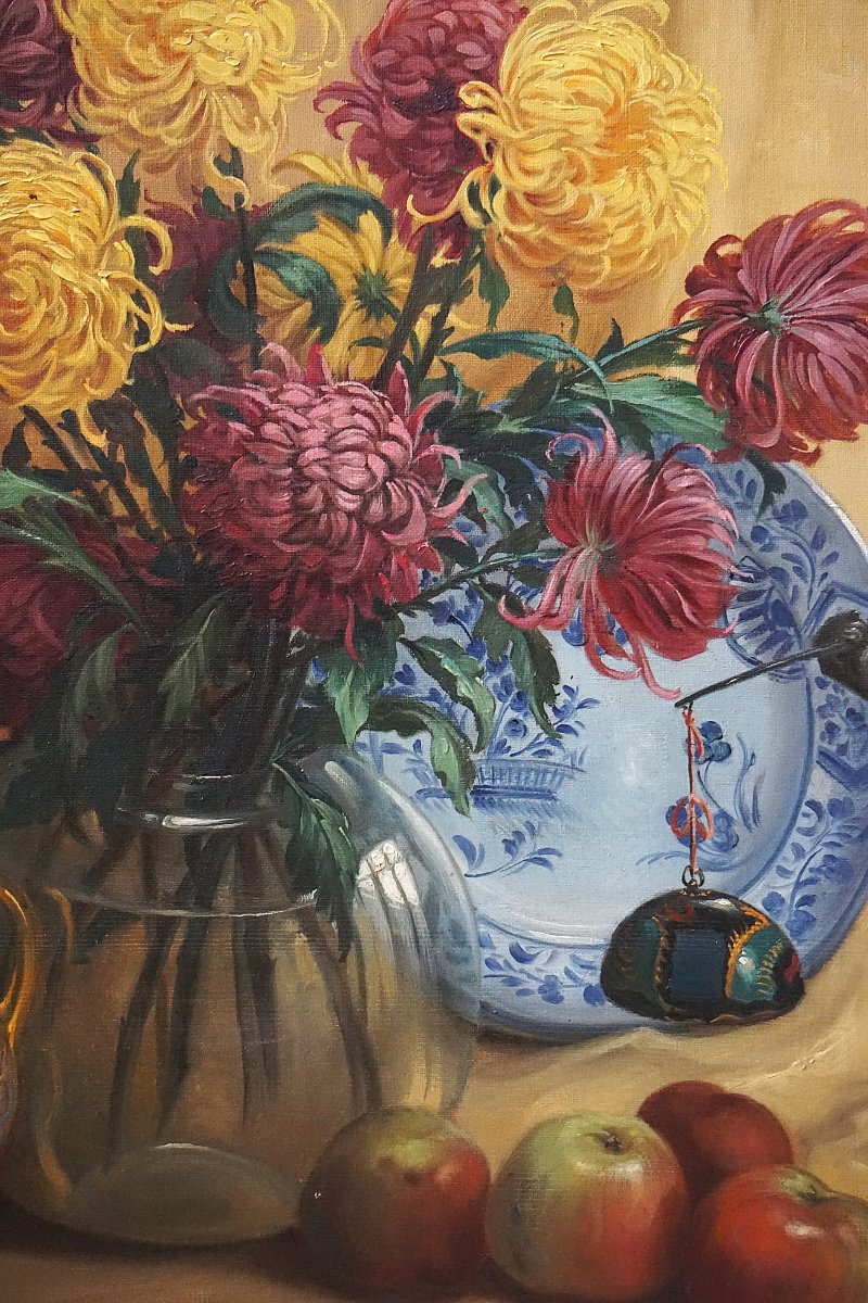 GÉRARD BAKKER (1879-1967) / BOUQUET DE CHRYSANTHÈMES et OBJETS DEVORATIFS / DATÉE 1943-photo-3