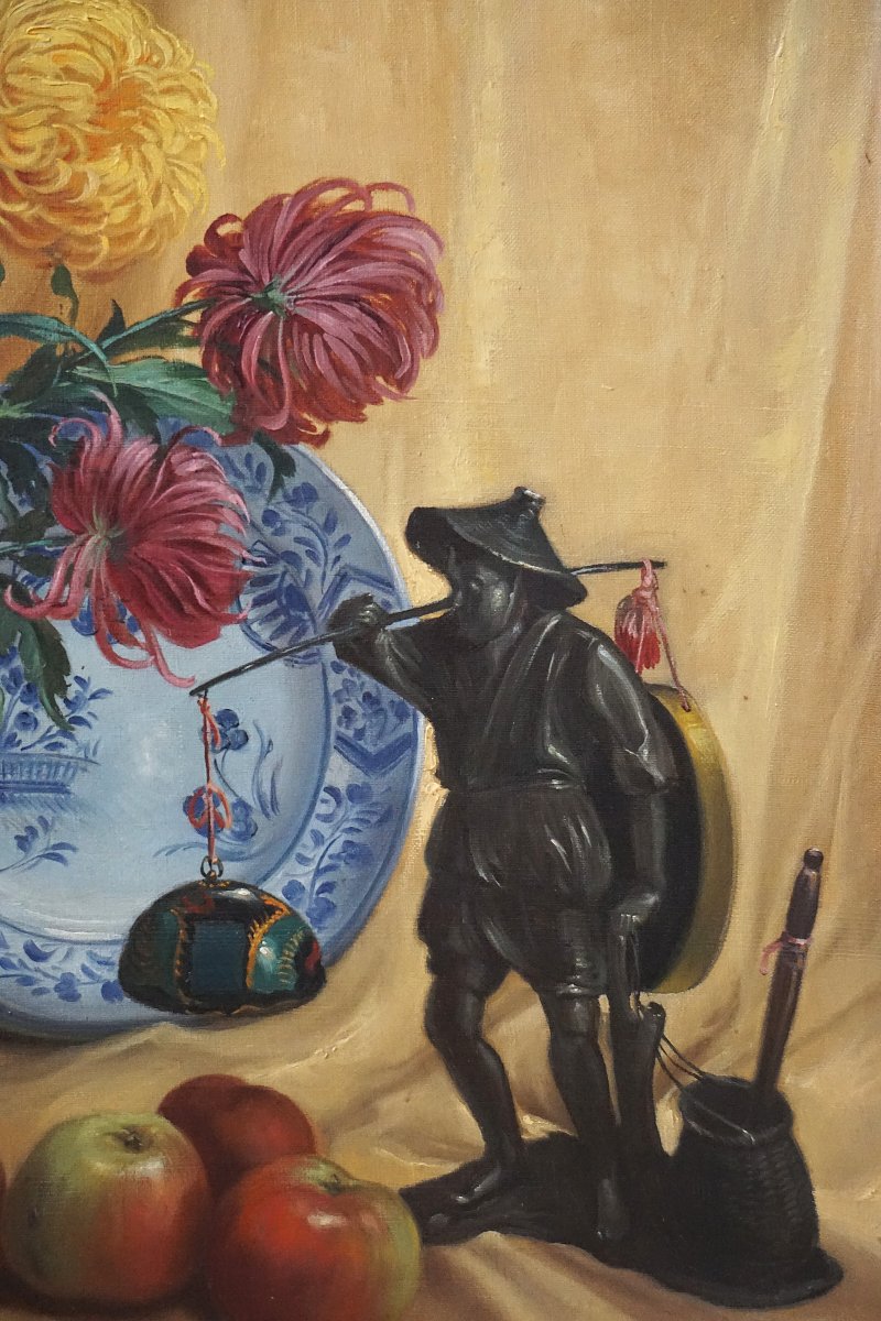 GÉRARD BAKKER (1879-1967) / BOUQUET DE CHRYSANTHÈMES et OBJETS DEVORATIFS / DATÉE 1943-photo-3